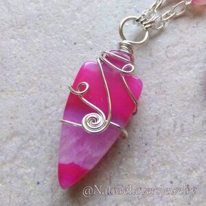 Hot Pink Banded Agate Arrowhead Necklace! One-of-a-Kind! Wire Wrapped Beauty